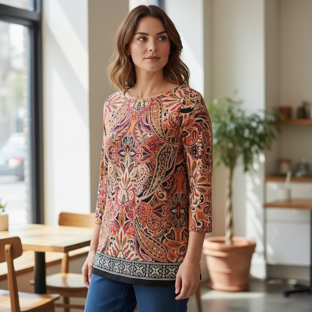 NWT Rafaella Sportswear Cotton Knit Tunic Top Sz M "Pink Peacock" #207A
